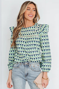 FREYA - Green Floral Round Neck Lace Ruffle Puff Sleeve Blouse