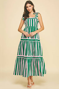 Sammie - Green and Pink Striped Tiered Maxi Dress