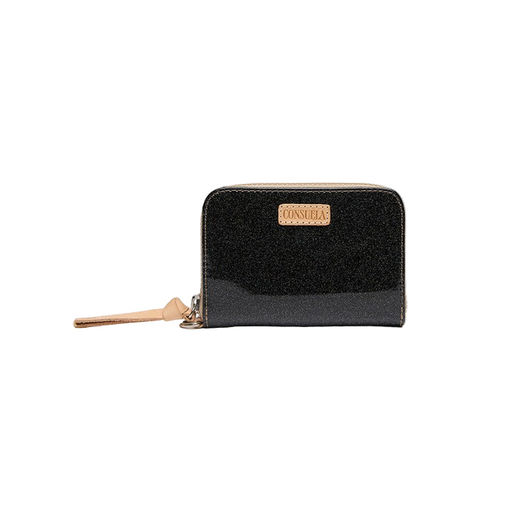 Black glittery wallet with a gold zipper on a white background