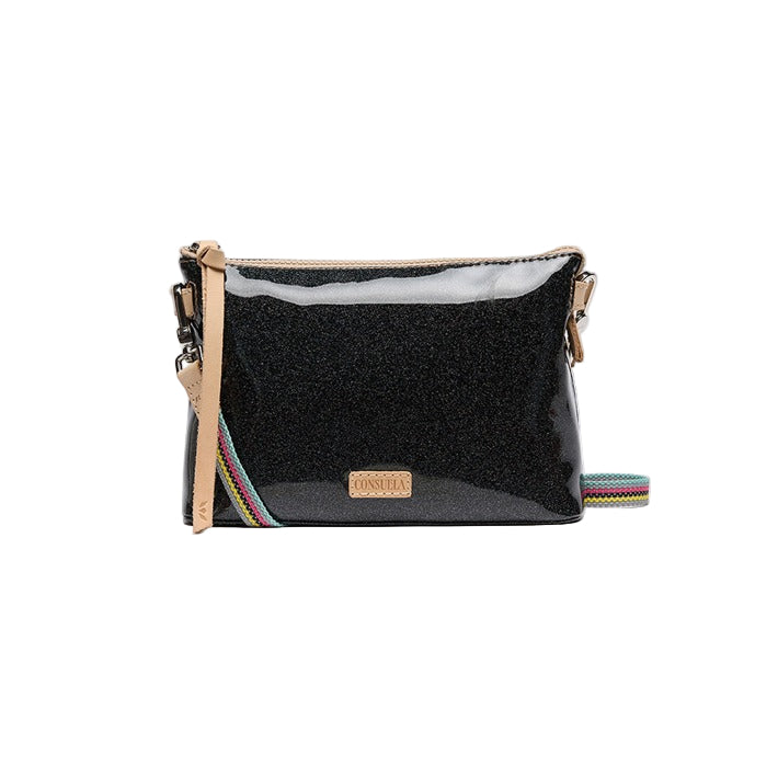 Black glittery crossbody bag with colorful strap on a white background