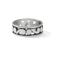 Brighton silver-plated band ring with openwork scroll and dot design along the center on a white background