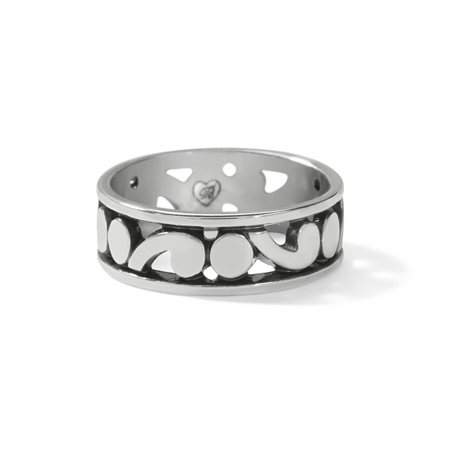 Brighton silver-plated band ring with openwork scroll and dot design along the center on a white background