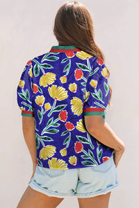 Trudy-Blue Wild Floral Printed Contrast Striped Patchwork V Neck Short Sleeve Blouse