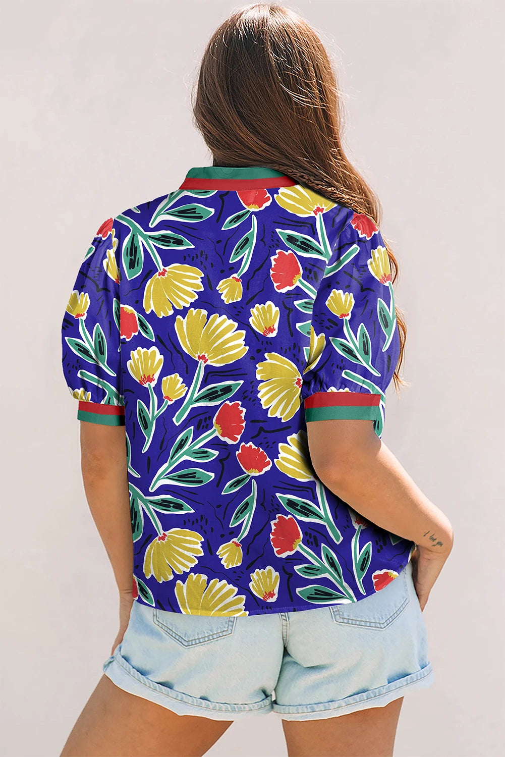 Trudy-Blue Wild Floral Printed Contrast Striped Patchwork V Neck Short Sleeve Blouse
