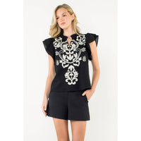 Cassidy-Flutter Sleeve Embroidered Textured Top