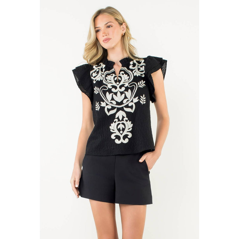 Cassidy-Flutter Sleeve Embroidered Textured Top
