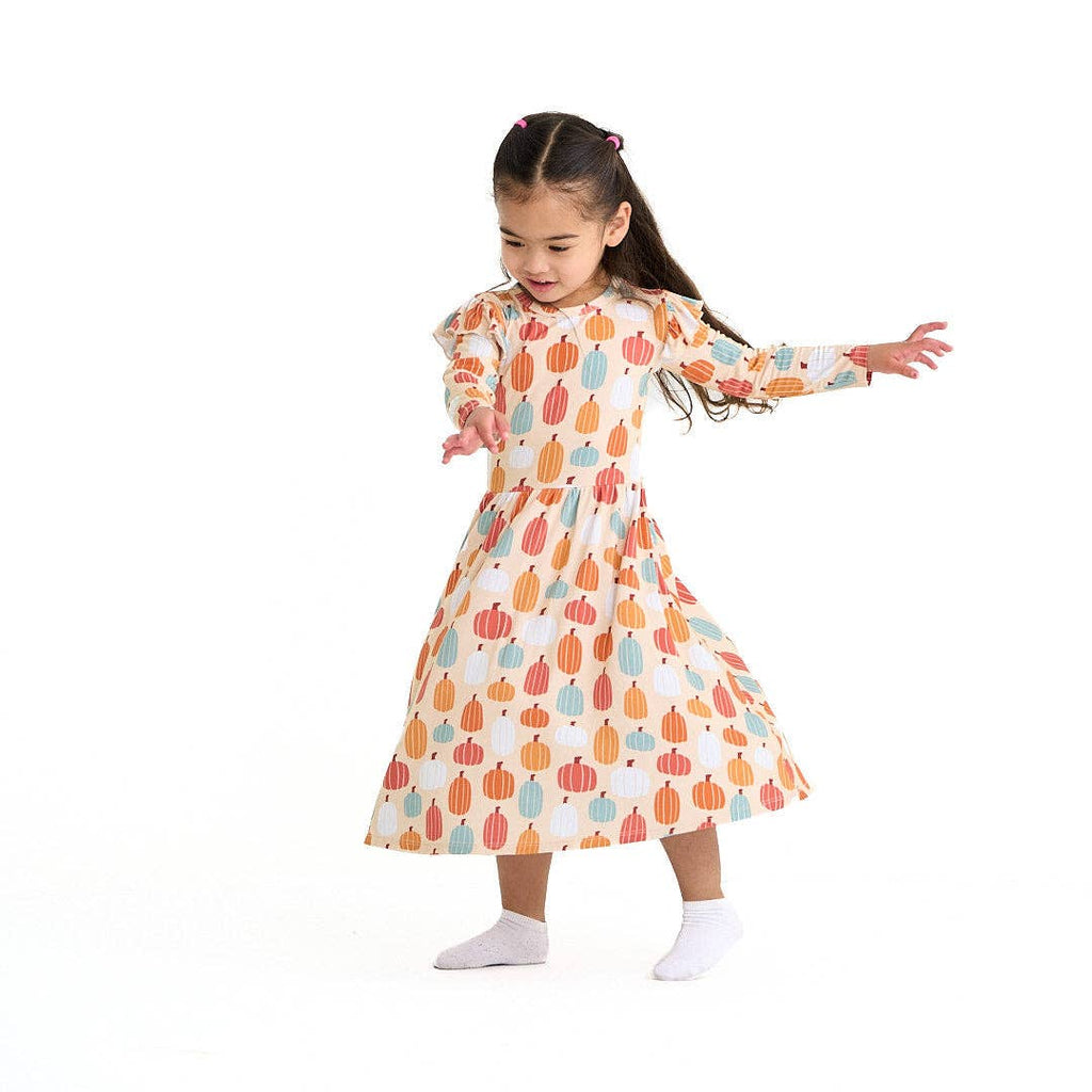 Pumpkin Patch Fall Kids Ruffle Long Sleeve Twirl Dress