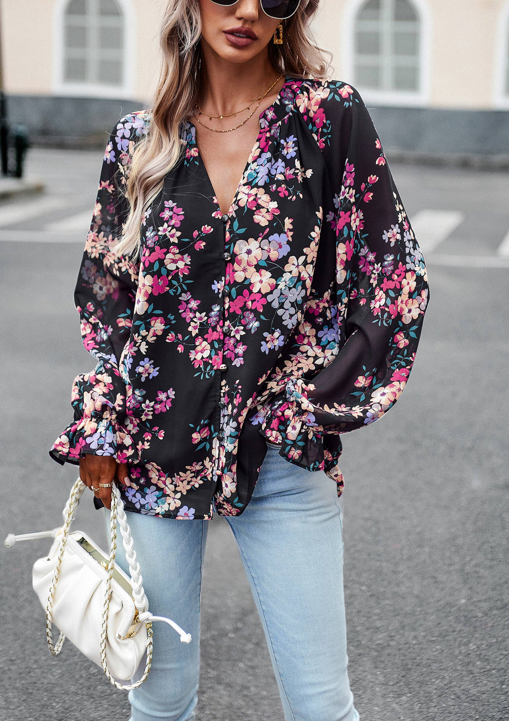 Floral Button Down Long Sleeve Blouse