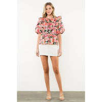 Kinsley- Ruffle Tie Neck Puff Sleeve Floral Top