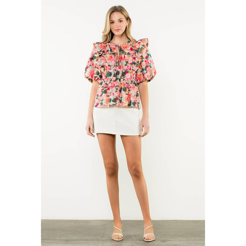 Kinsley- Ruffle Tie Neck Puff Sleeve Floral Top