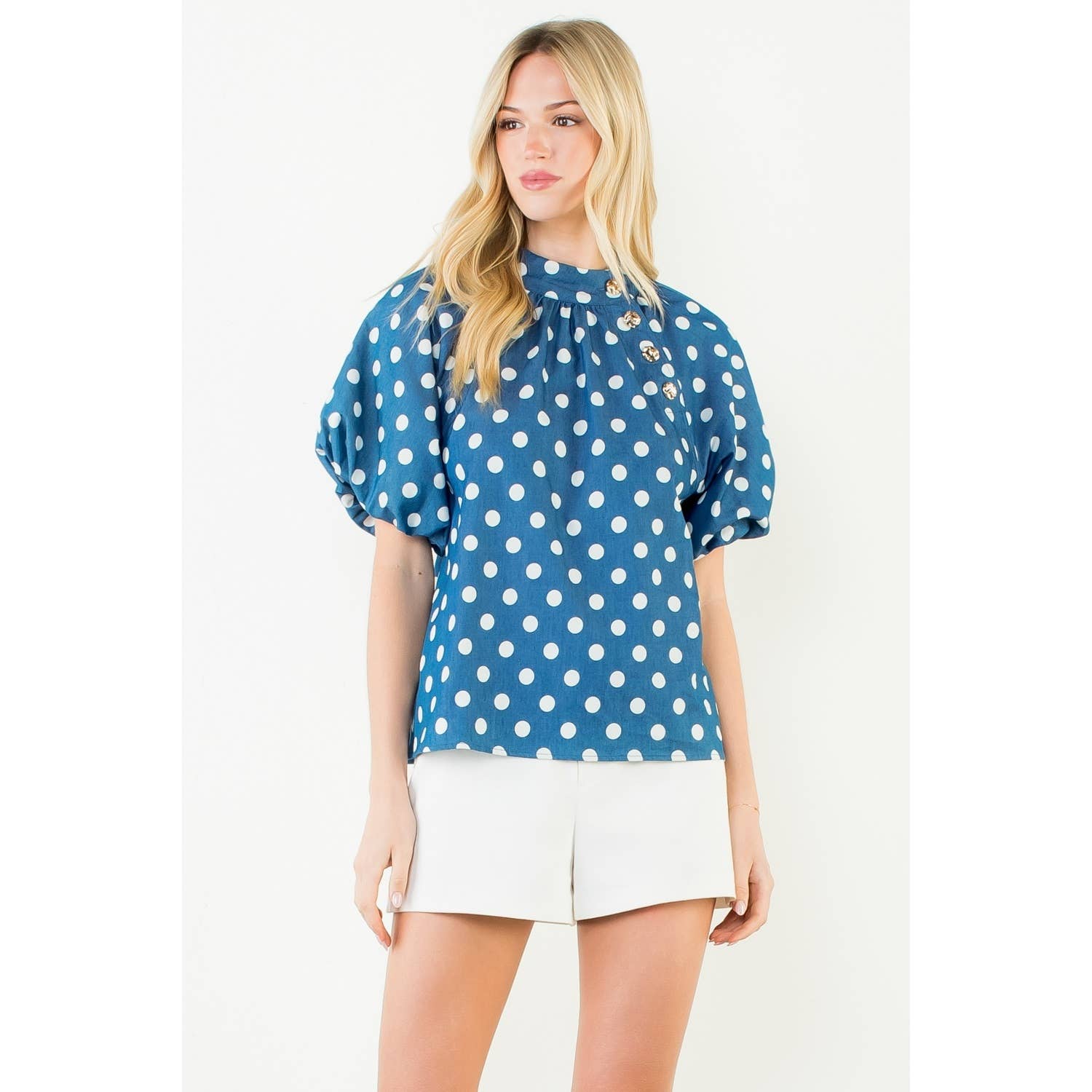 Marla- Puff Sleeve Polka Dot Mock Neck Top
