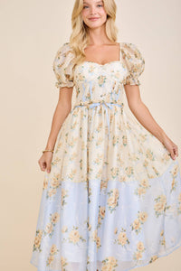 Cassy Floral print colorblock midi dress with puff short sleeves