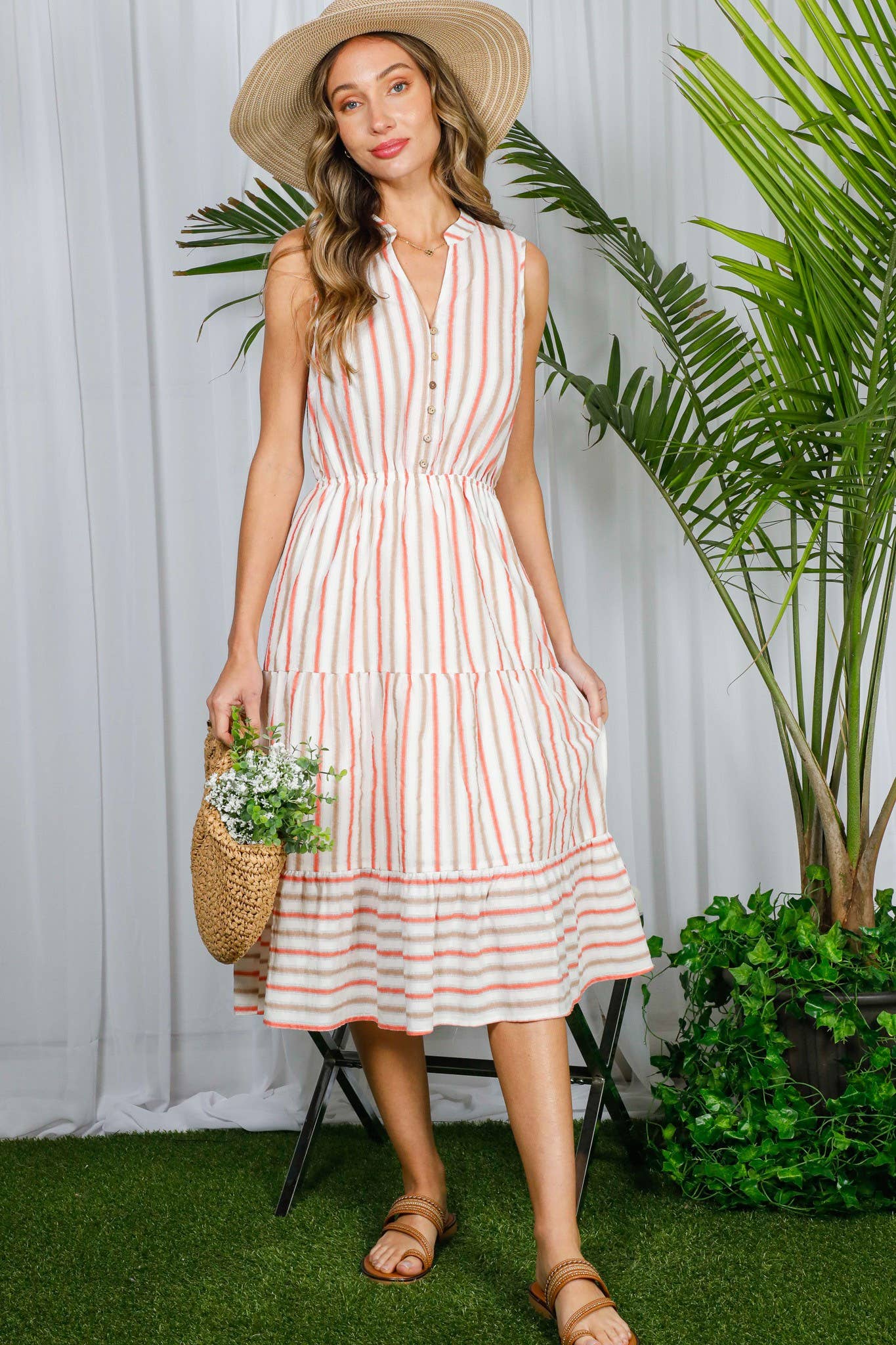 Soleil- Summer- Striped 100% Cotton Tired Midi Dress