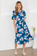 Myra - Blue Floral Print Short Puff Sleeve Ruffle Hem Belted Long Dress