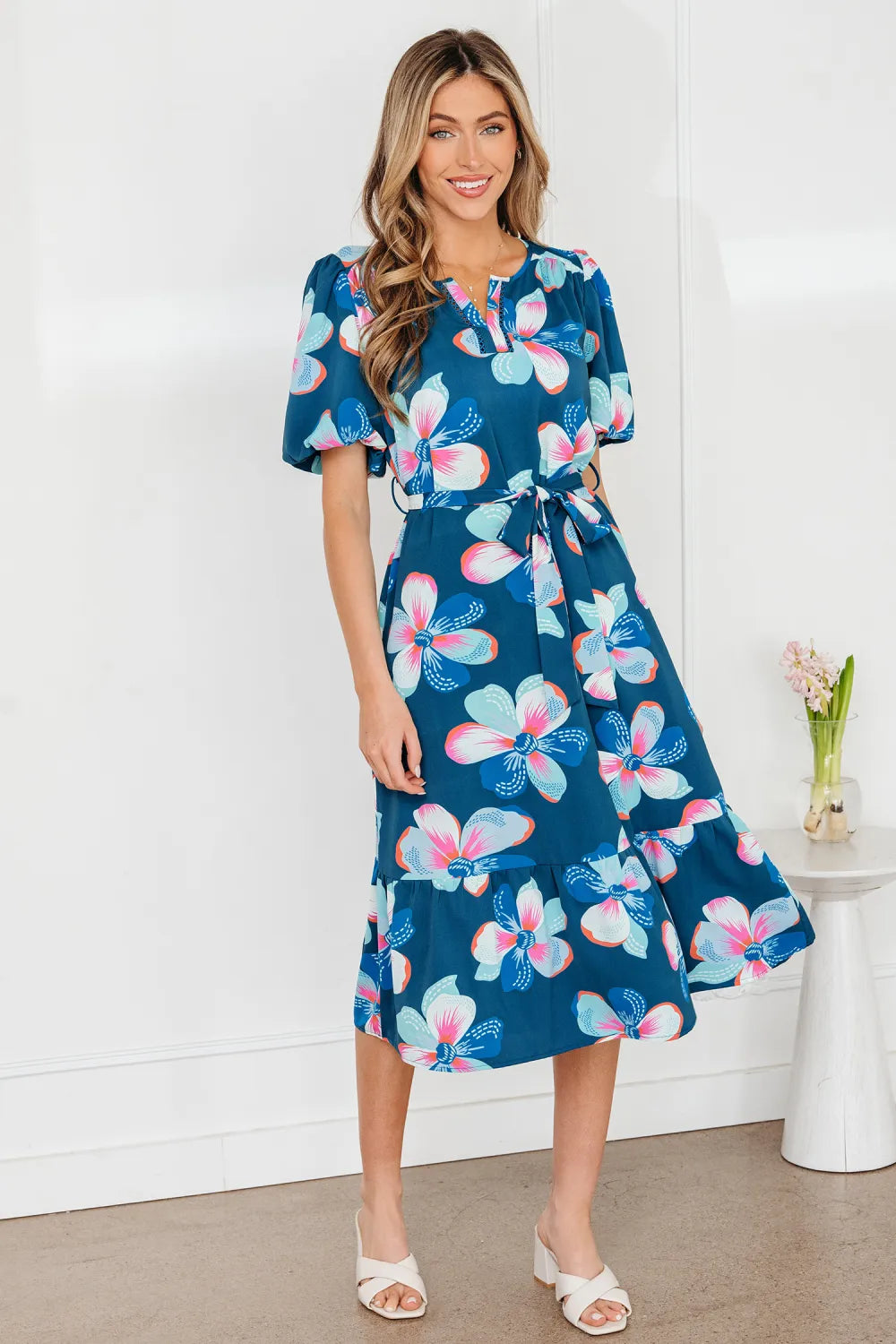 Myra - Blue Floral Print Short Puff Sleeve Ruffle Hem Belted Long Dress