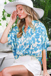 Olivia- Collared Short-Sleeve Floral Print Satin Blouse Top