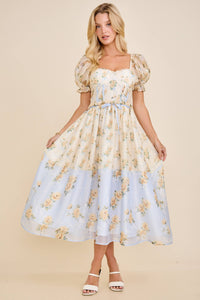 Cassy Floral print colorblock midi dress with puff short sleeves