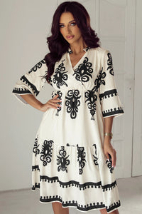 Annie - Beige Geometric Print 3/4 Sleeve Midi Dress