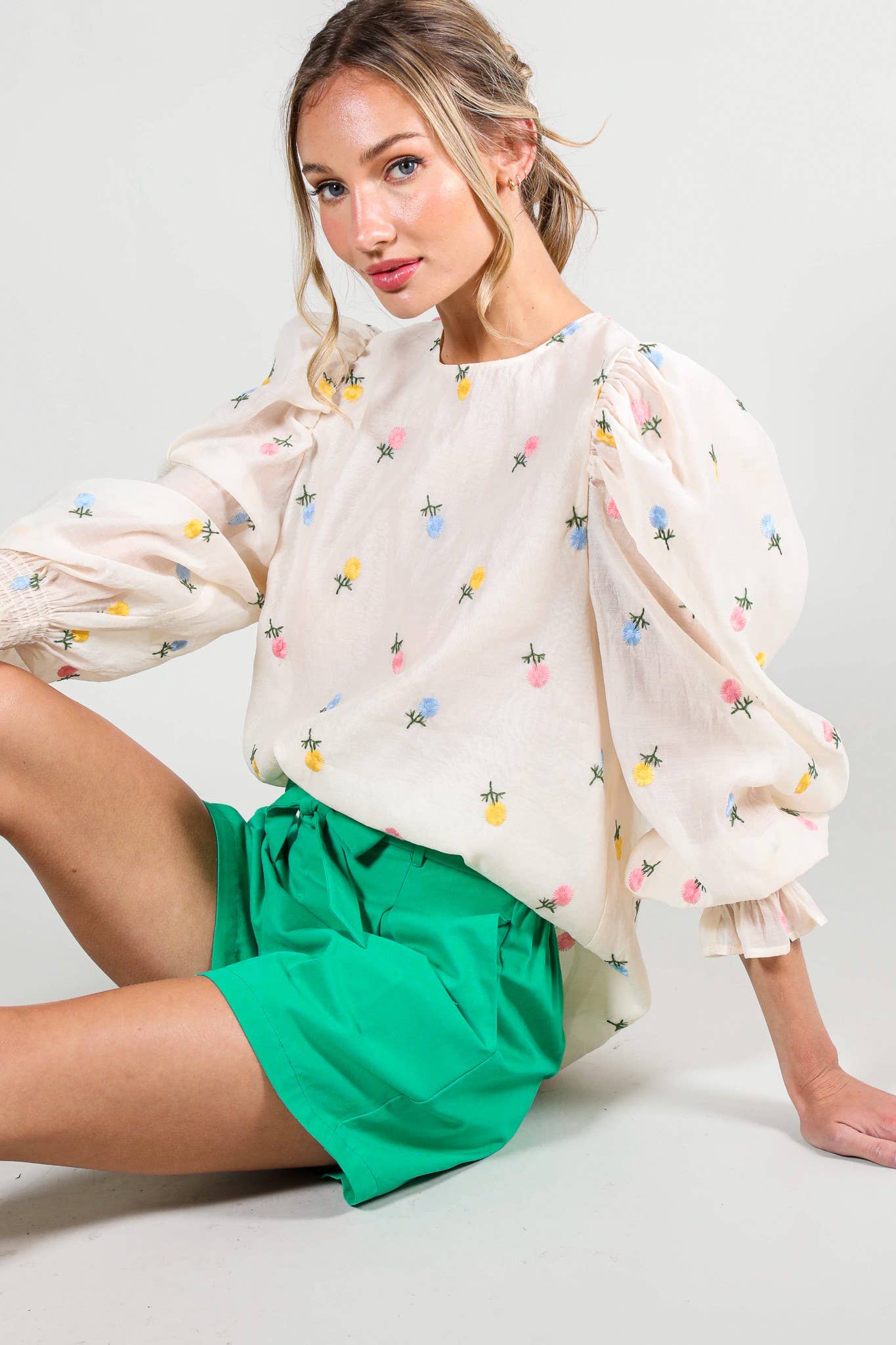Madison - Floral Embroidered Long Puff Organza Blouse Top