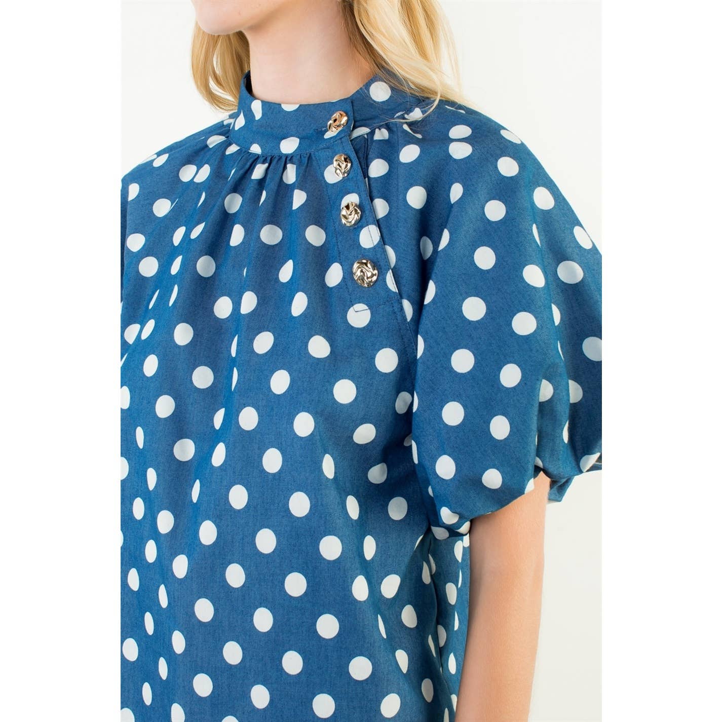 Marla- Puff Sleeve Polka Dot Mock Neck Top