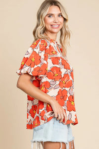 Juliete - Orange Floral Frill Neck Blouse