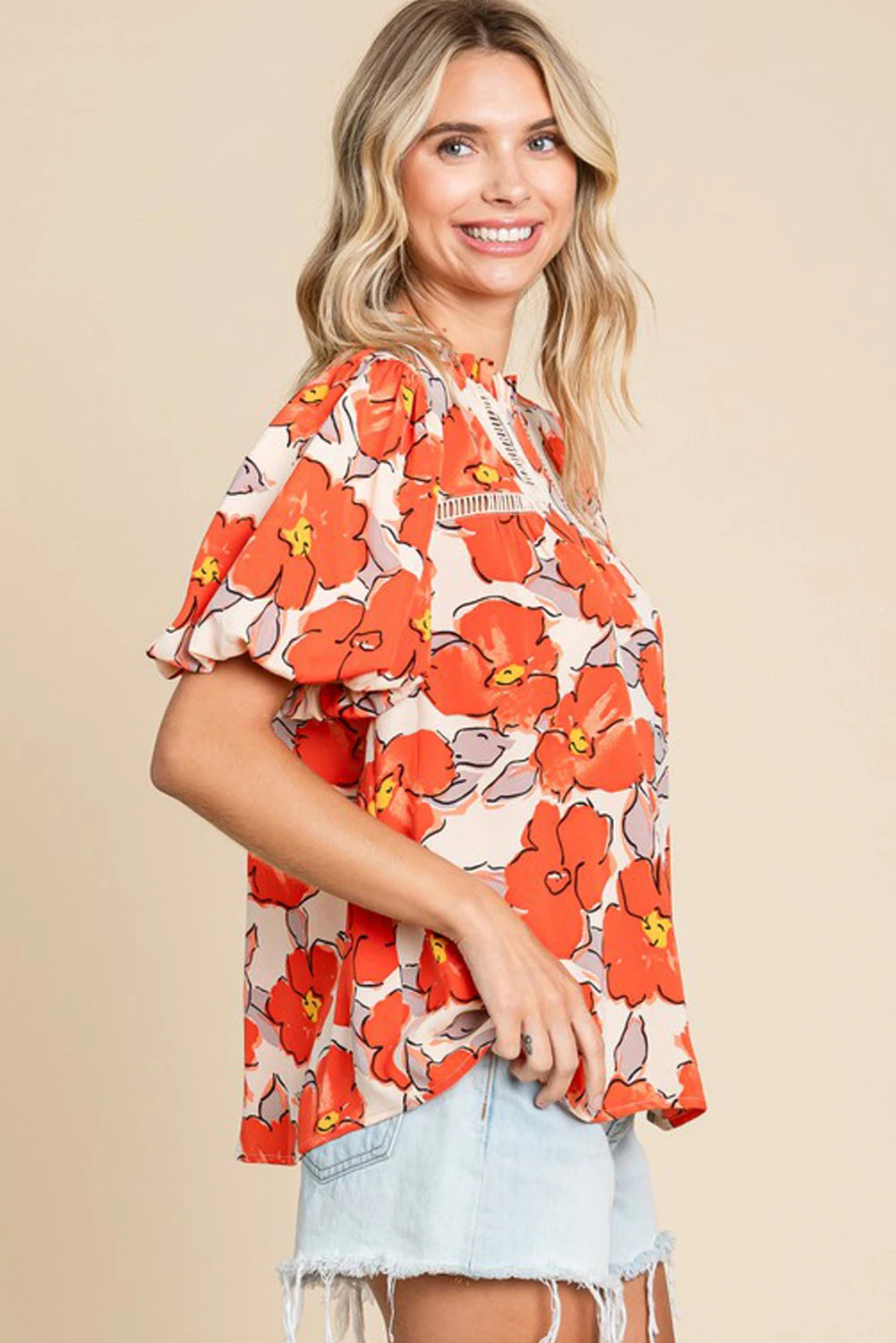 Juliete - Orange Floral Frill Neck Blouse