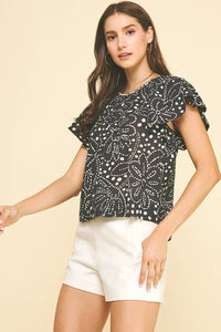 NEESA- FLORAL RUFFLED BLOUSE TOP WITH SEASHELL DETAIL