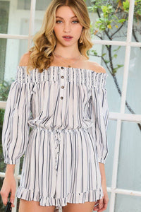 Josie - Off Shoulder Bubble Sleeve Elastic Stripe Romper
