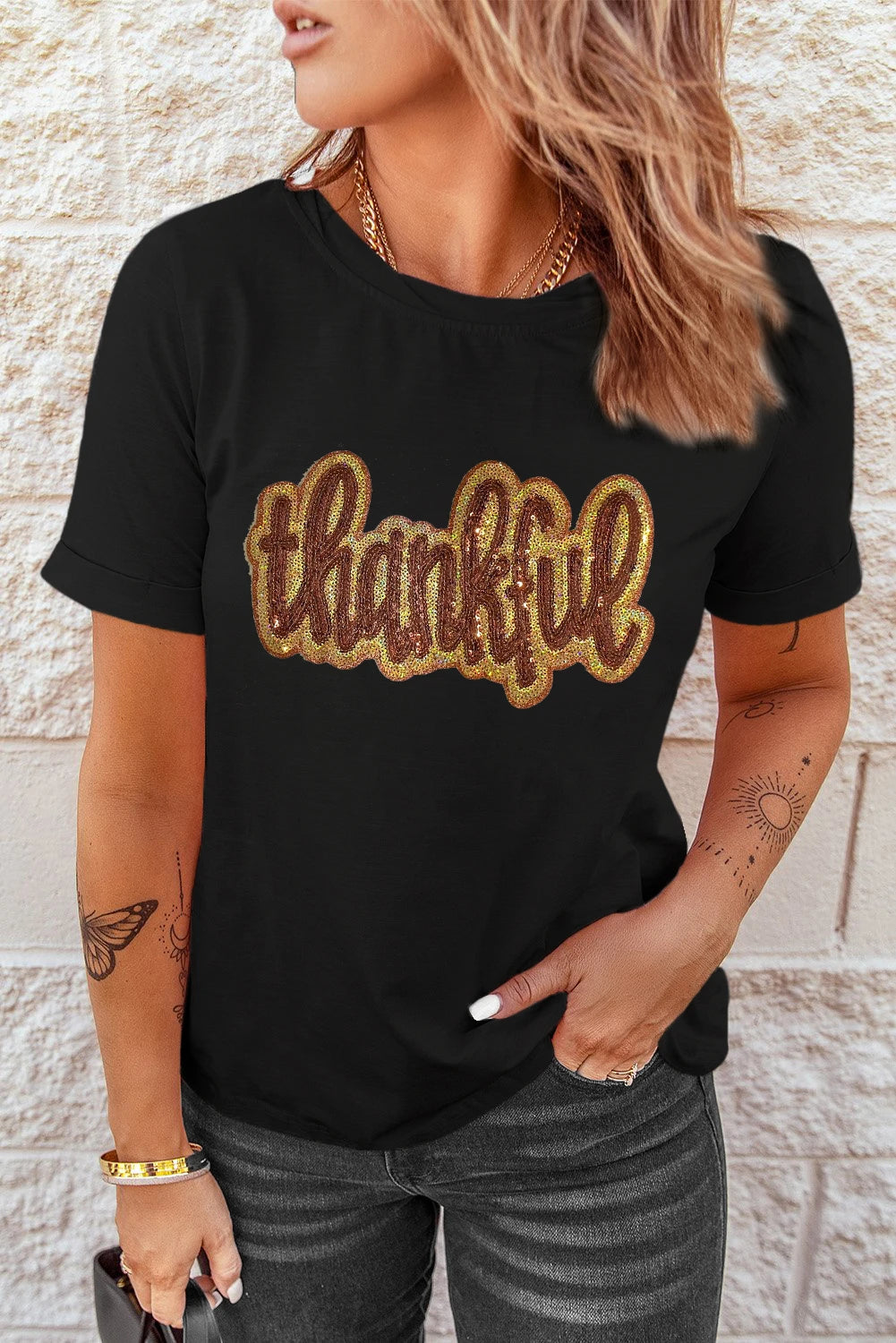Alison - Black Thankful Sequin Tee