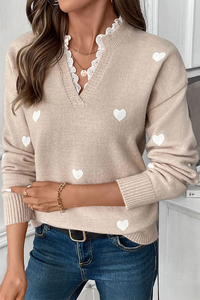 Gail - Khaki Heart Print Lace V-Neck Sweater
