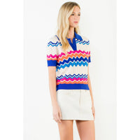 Tracey - Short Sleeve Collared Zigzag Knit Top