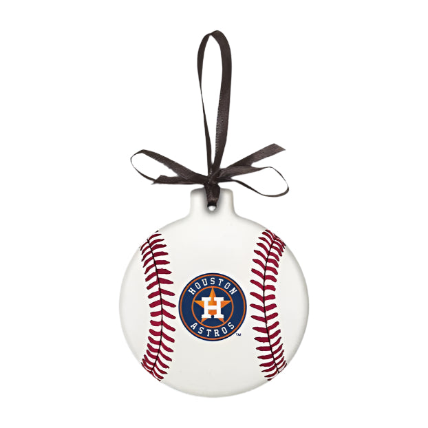 Decorative ornament shaped like a baseball with Houston Astros logo on a gray background