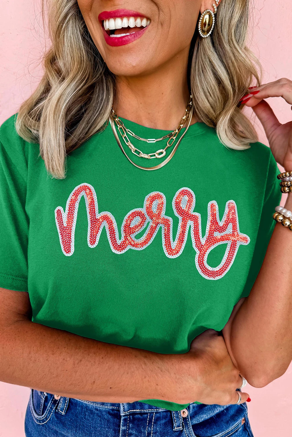 Bright Green Merry Sequin Tee – Holiday Slogan Graphic T-Shirt, Women's Festive Christmas Short Sleeve Top