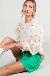 Madison - Floral Embroidered Long Puff Organza Blouse Top