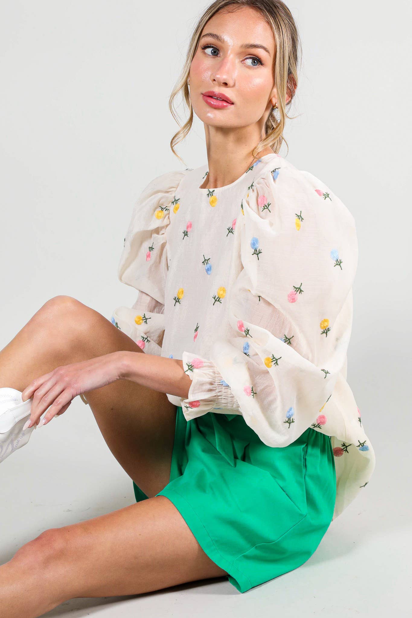 Madison - Floral Embroidered Long Puff Organza Blouse Top