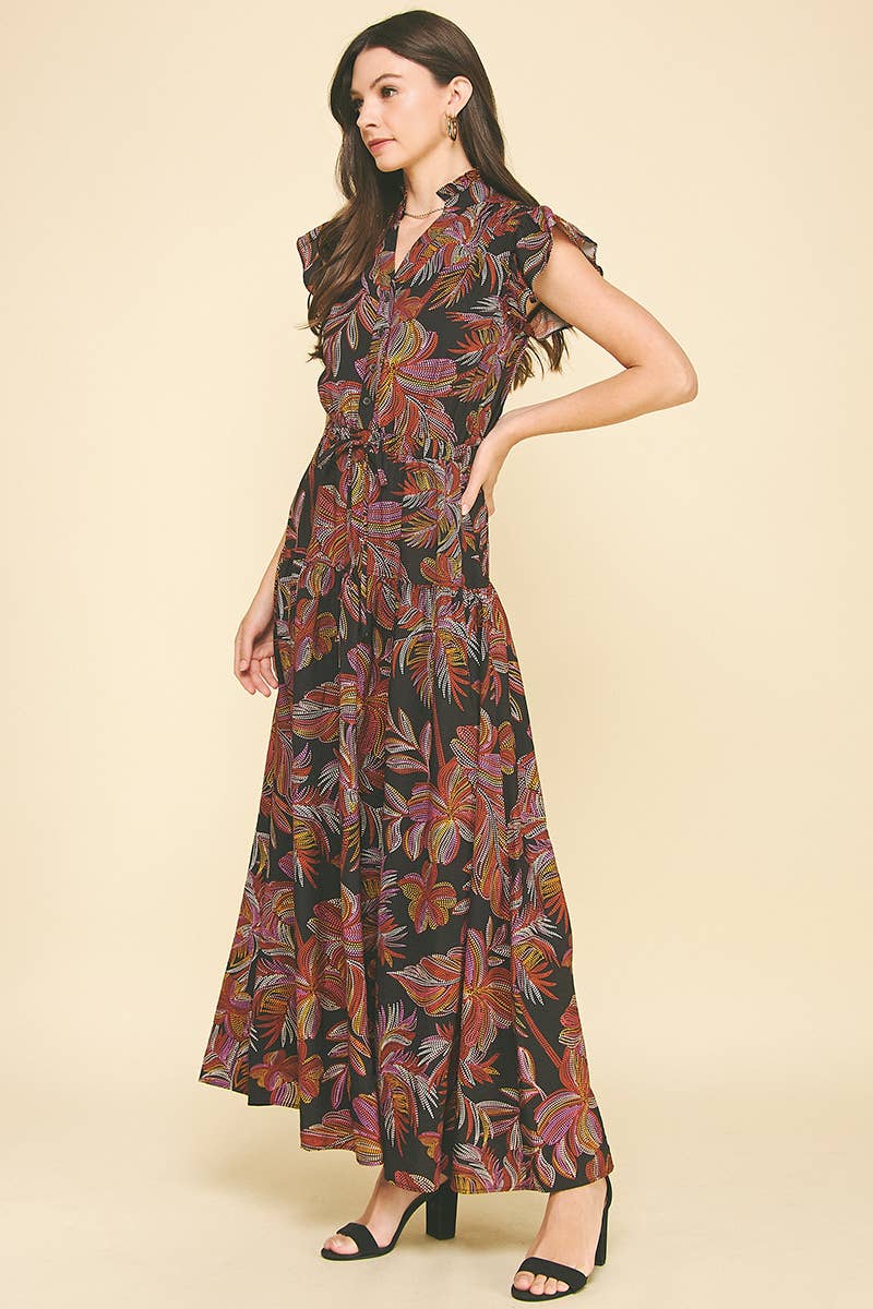 Jana - Leaf Print Tiered Maxi Dress