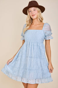 Rylee Eyelet Embroidered Puff Sleeve Babydoll Dress