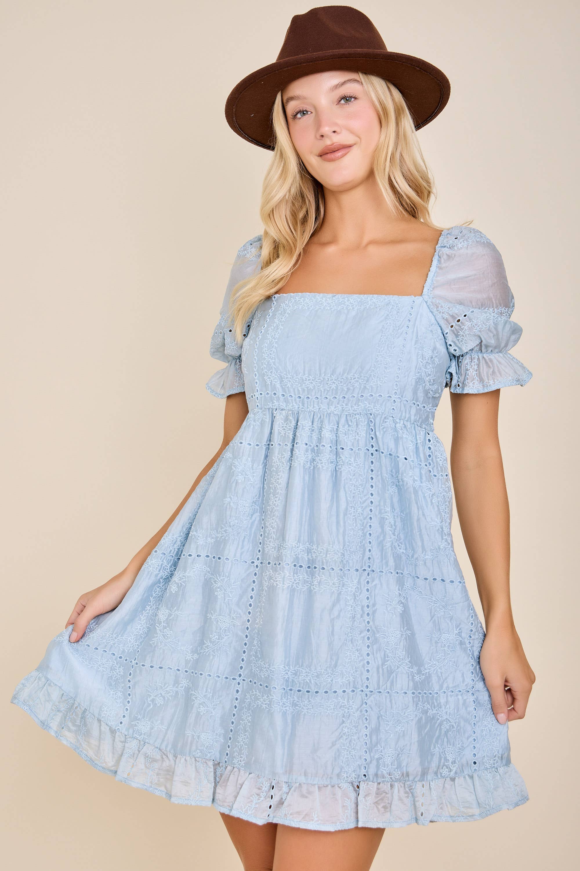 Rylee Eyelet Embroidered Puff Sleeve Babydoll Dress