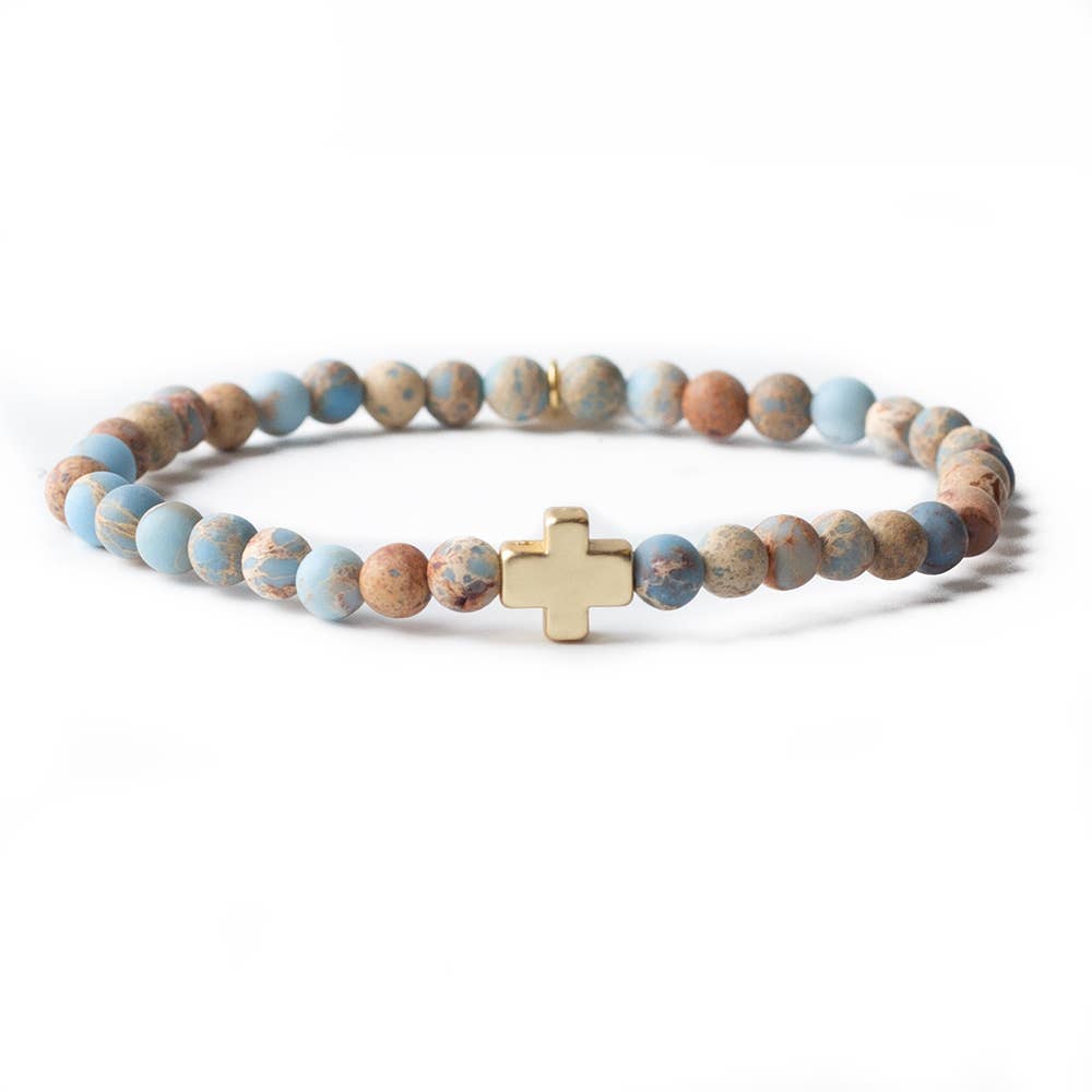 Faith Over Fear Cross Bracelet, 4mm-Blue Jasper | Christian
