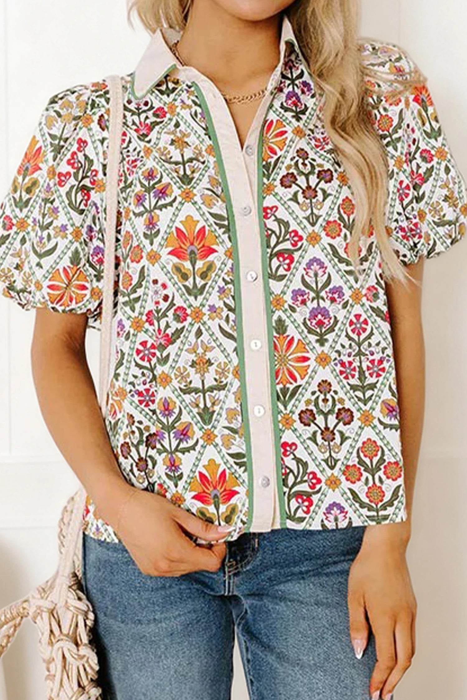 Elane - Green Short Bubble Sleeve Floral Shirt