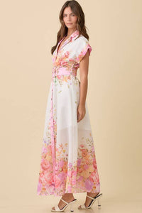 Phoebe - Floral Print Lapel Collar Button Down Maxi Dress