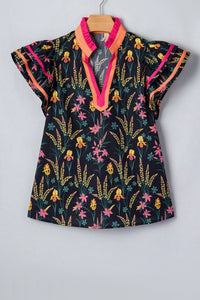 Audrey- Black Floral Ruffle Blouse