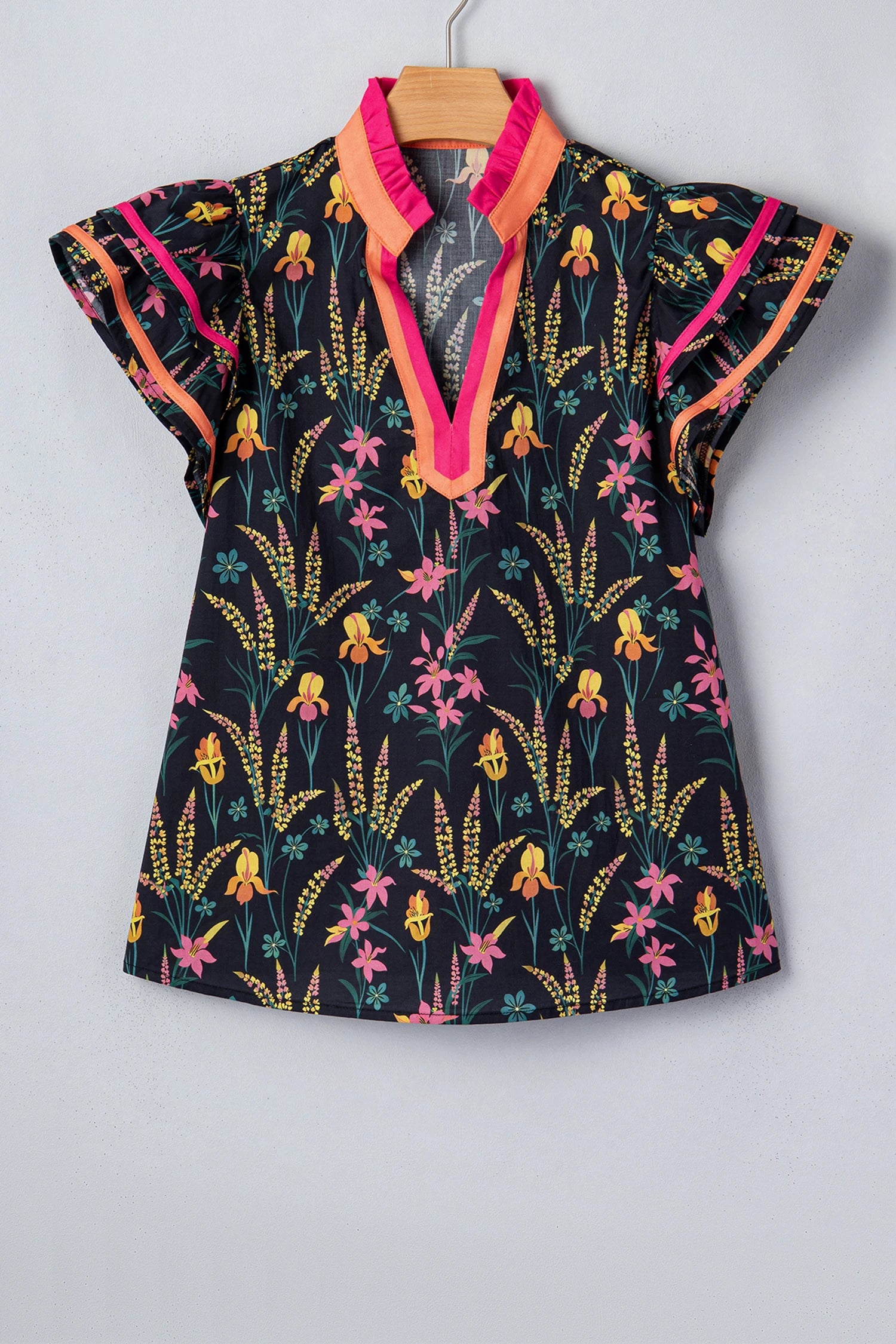 Audrey- Black Floral Ruffle Blouse