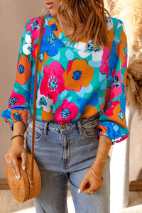 Taylor - Multicolor Floral Print V Neck 3/4 Sleeve Blouse