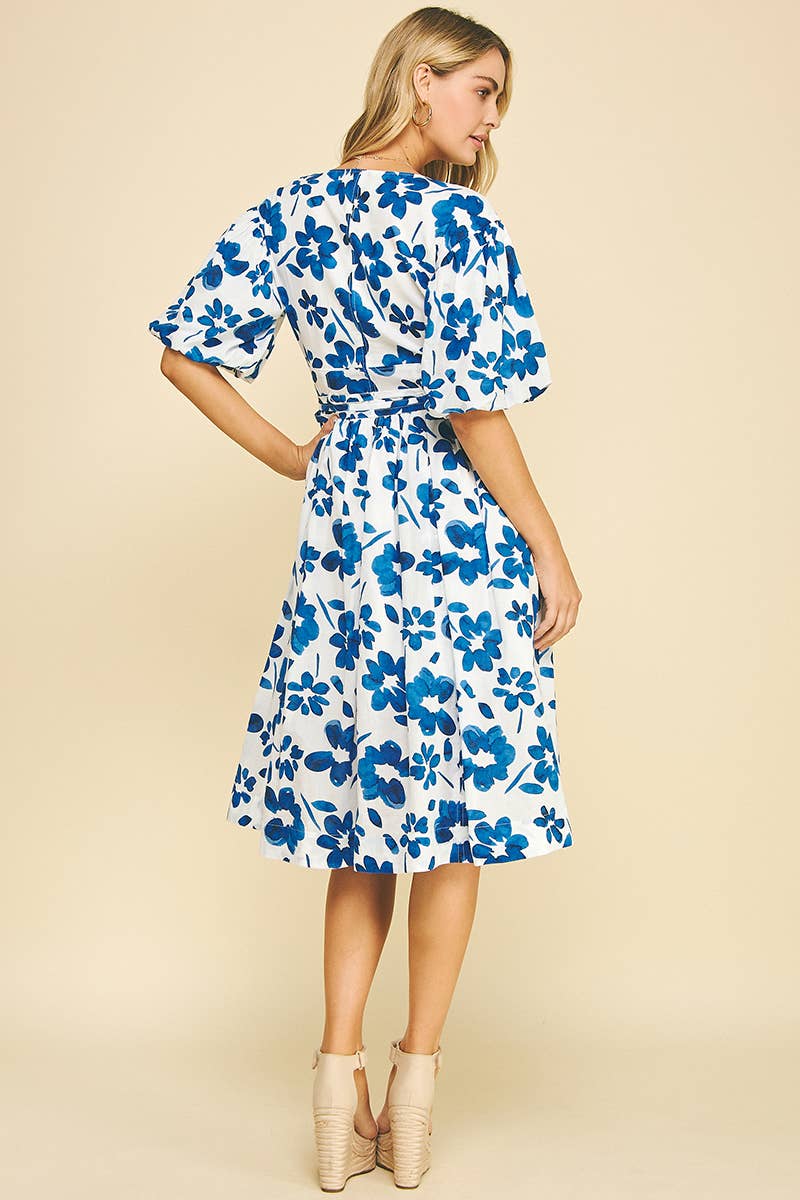 Carolina - Blue and White Floral Midi Dress