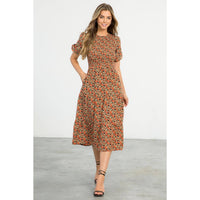 Agnes-Smocked Floral Print Midi Dress