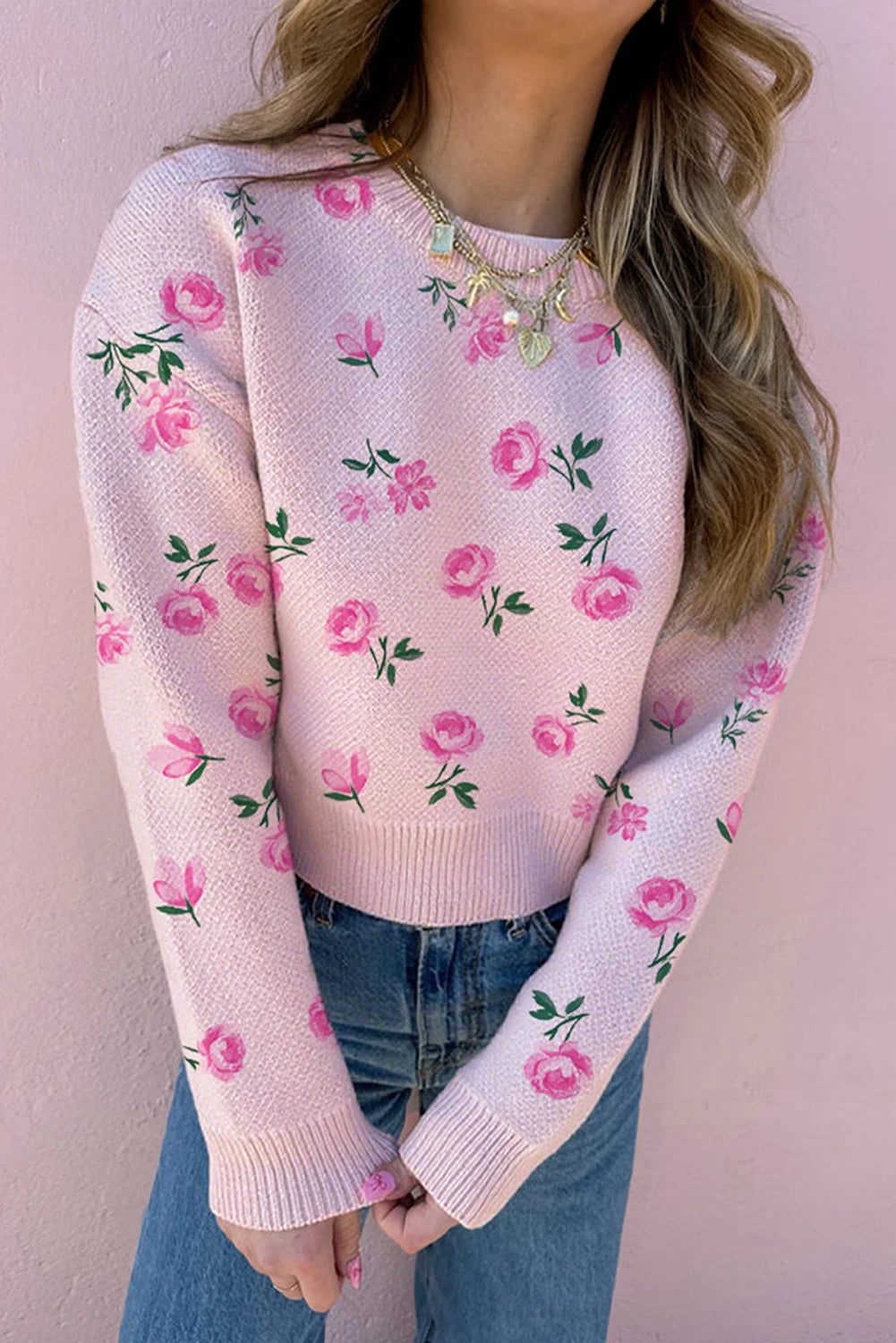 Destiny - Sweet Floral Print Cropped Sweater