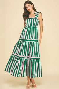 Sammie - Green and Pink Striped Tiered Maxi Dress