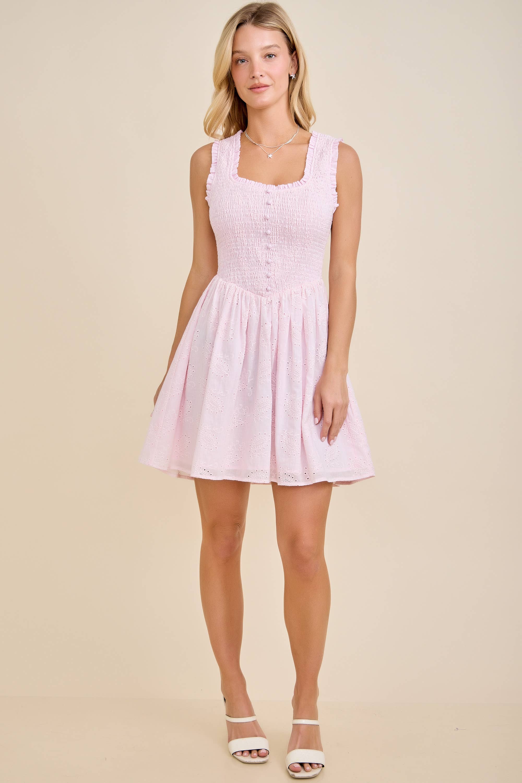 Sarah Eyelet Smocked Mini Dress – Sweet Feminine Spring Style