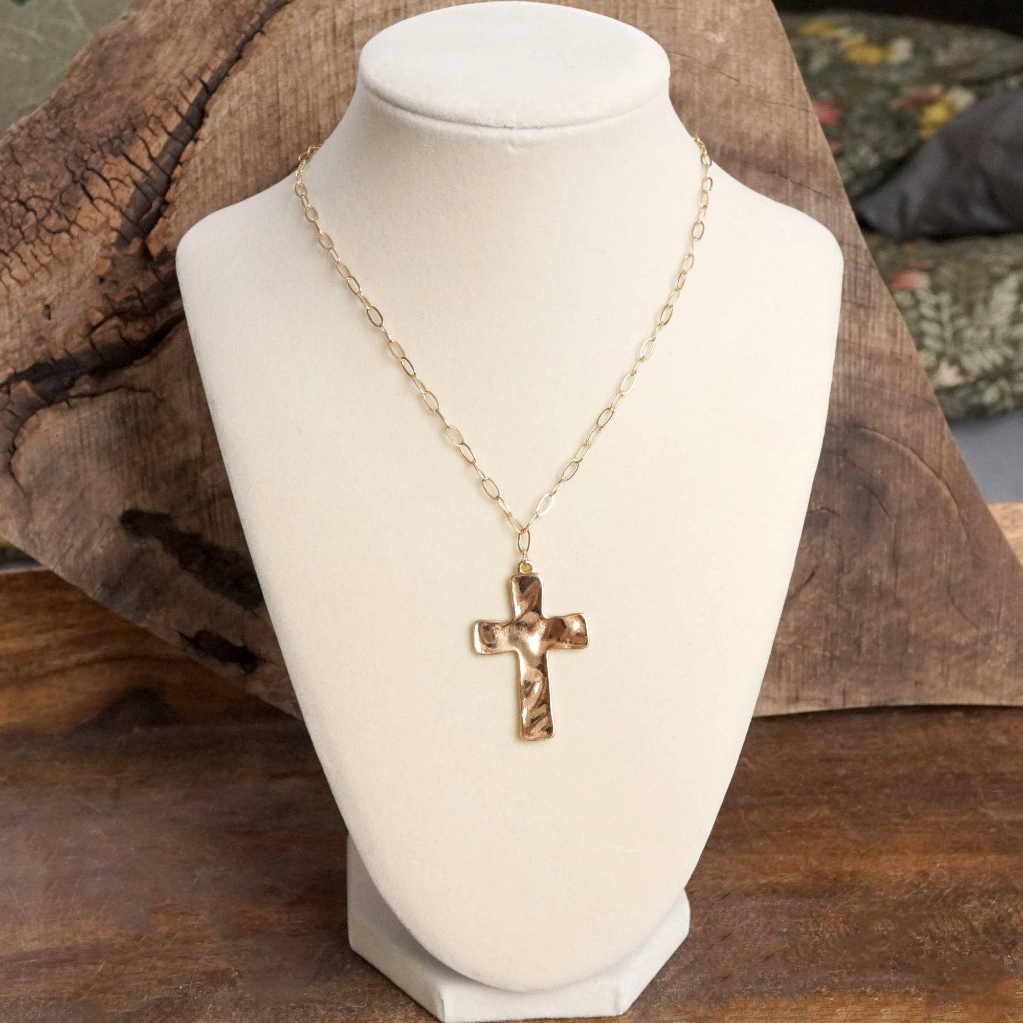 Boho Hammered Cross Necklace in Silver or Gold